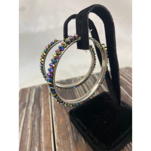 Women's Multicolored Beaded Hoop Earrings GUC Silver - Picture 4 of 5